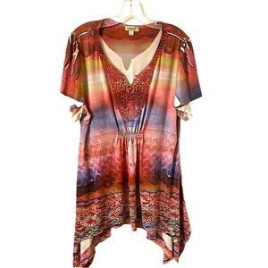 One World Boho Multicolor Embellished V-Neck Short Sleeve Handkerchief Blouse.